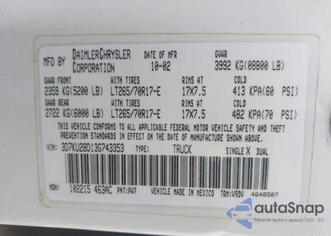 2003 Dodge Ram 2500 Slt/Laramie/St из США, поврежденный, VIN 3D7KU28D13G743353